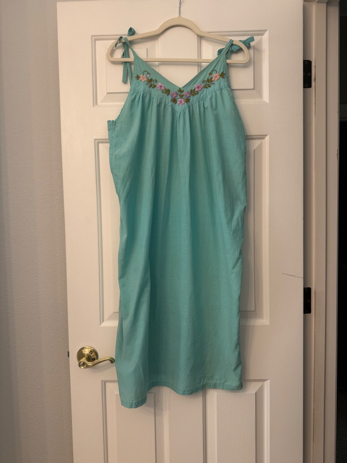 Vintage TINA Indian Cotton Dress Nightgown Tie Shoulder Beach Cover Up Green