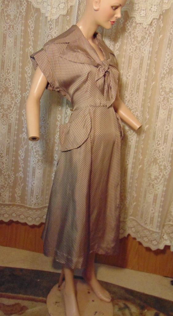 VTG 50s Heim Actualite (Jacques Heim) France Brown Silk Polka Dot Dress 29W
