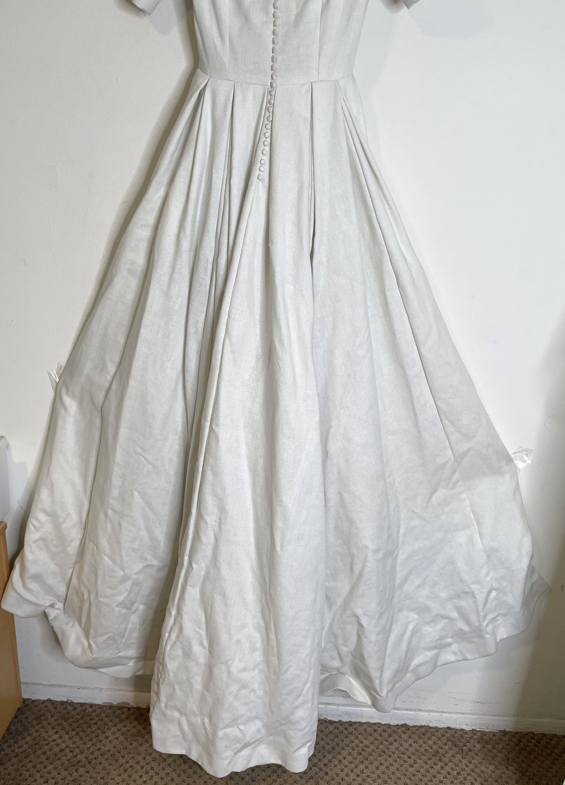 Vintage 40s Irish Linen Wedding Dress XS S Button Back Bows Long Train SS 0 2 4