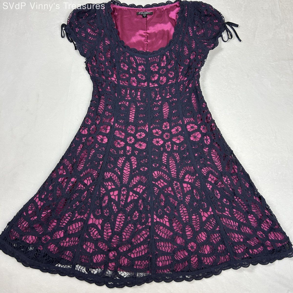 Vintage Y2K Betsey Johnson Women&rsquo;s Navy Pink Floral Lace Silk Lining Dress Sz 8