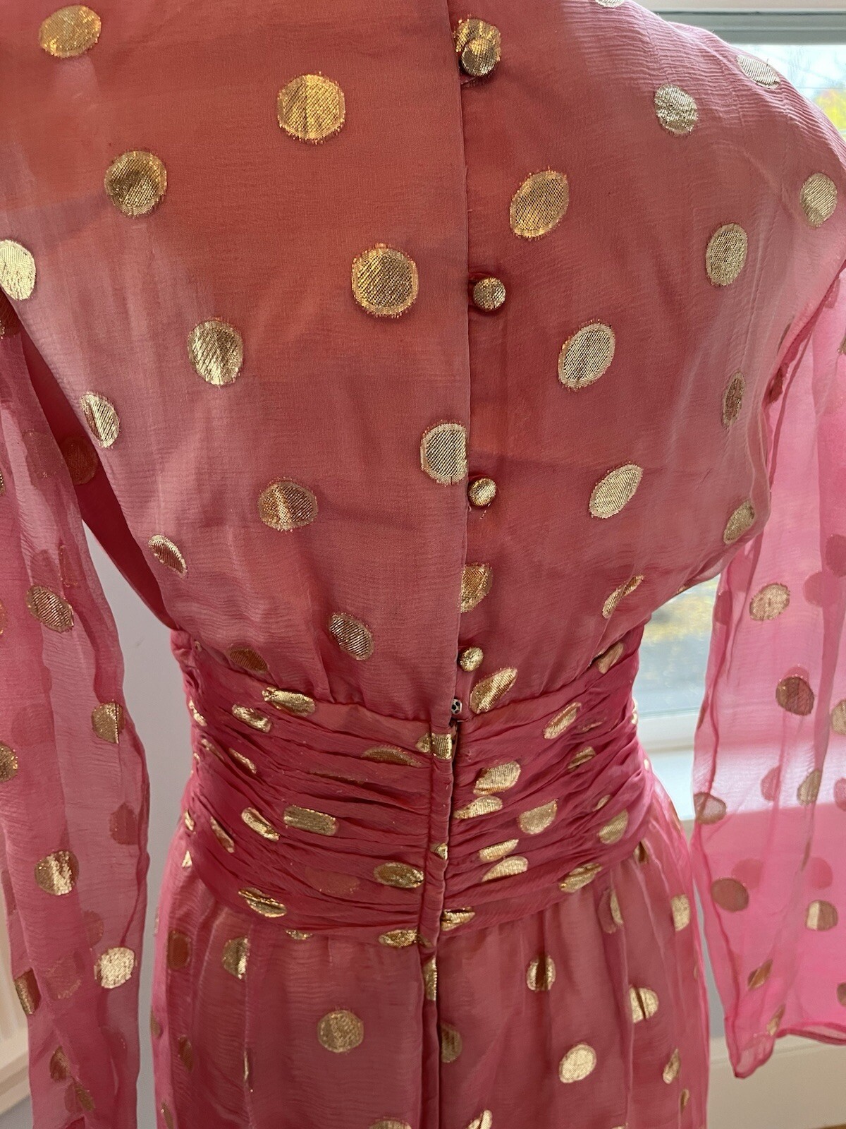 80’s Iconic dynasty Couture Pink Silk Gold Foil Dot Dress 6 Vintage Goddess S