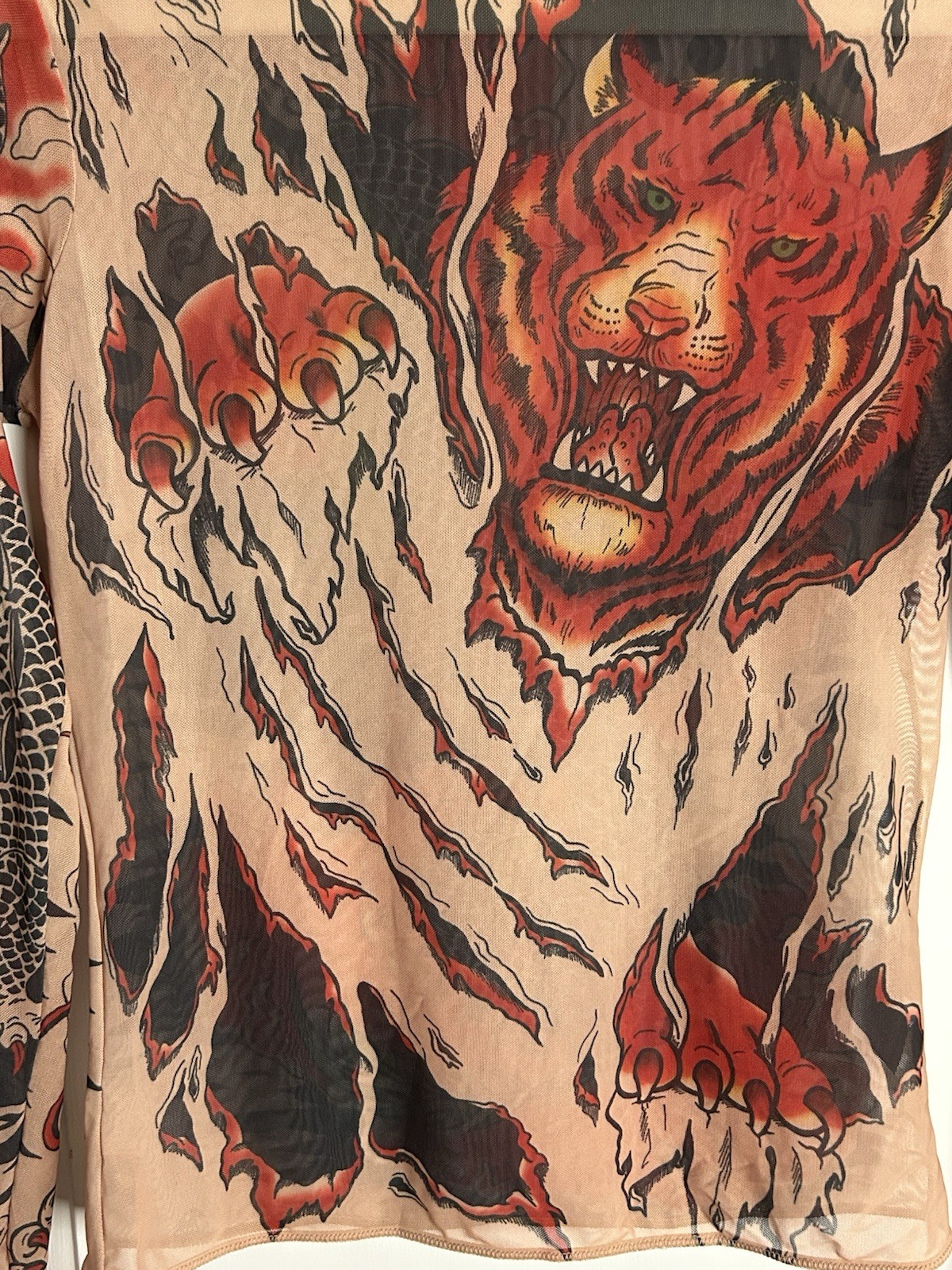 Y2K Unbranded Top Sheer Nude Tattoo Mesh Dragon Tiger Long Sleeve Women’s M