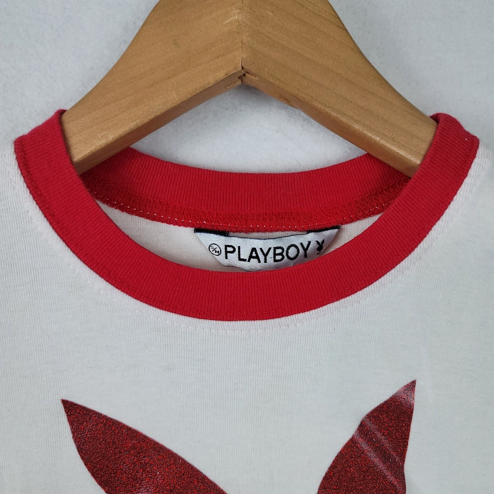 Vintage Playboy Women White Red Ringer T-Shirt Glitter Bunny Logo 25-347 Small