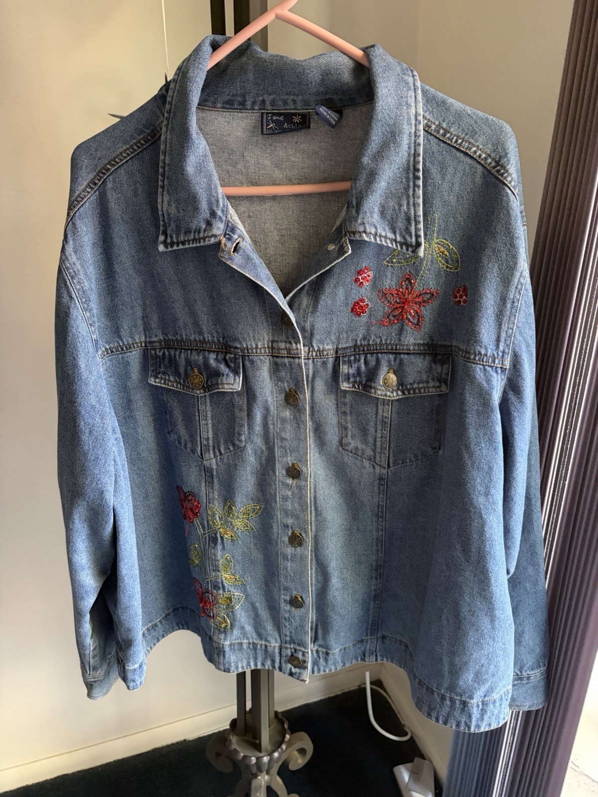 Vintage Jean Jacket Jane Ashley Size 3x 90s Blue Denim Embroidered Wildflowers