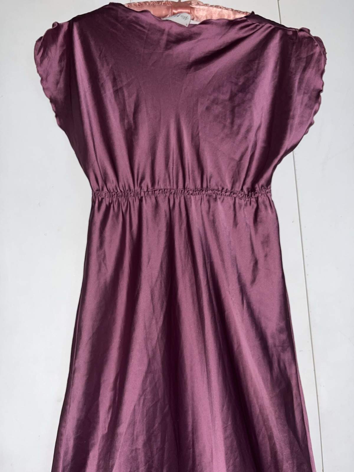 Vtg Miss Elaine Purple Satin Maxi Nightgown Large V Neck Flutter Sleeves