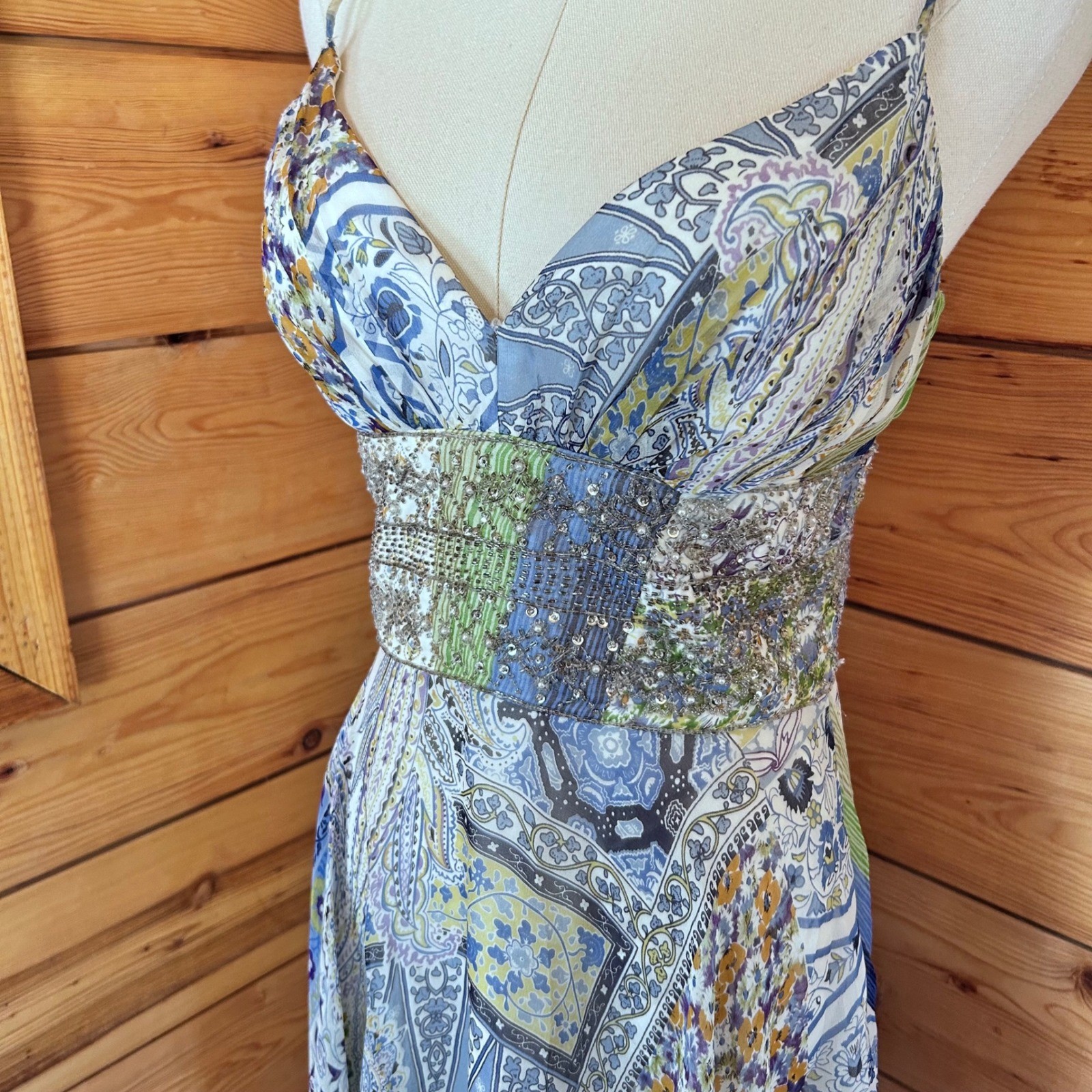 Vintage 100% Silk Paisley Patchwork Dress Size 4 Blue Handkerchief JS Collection