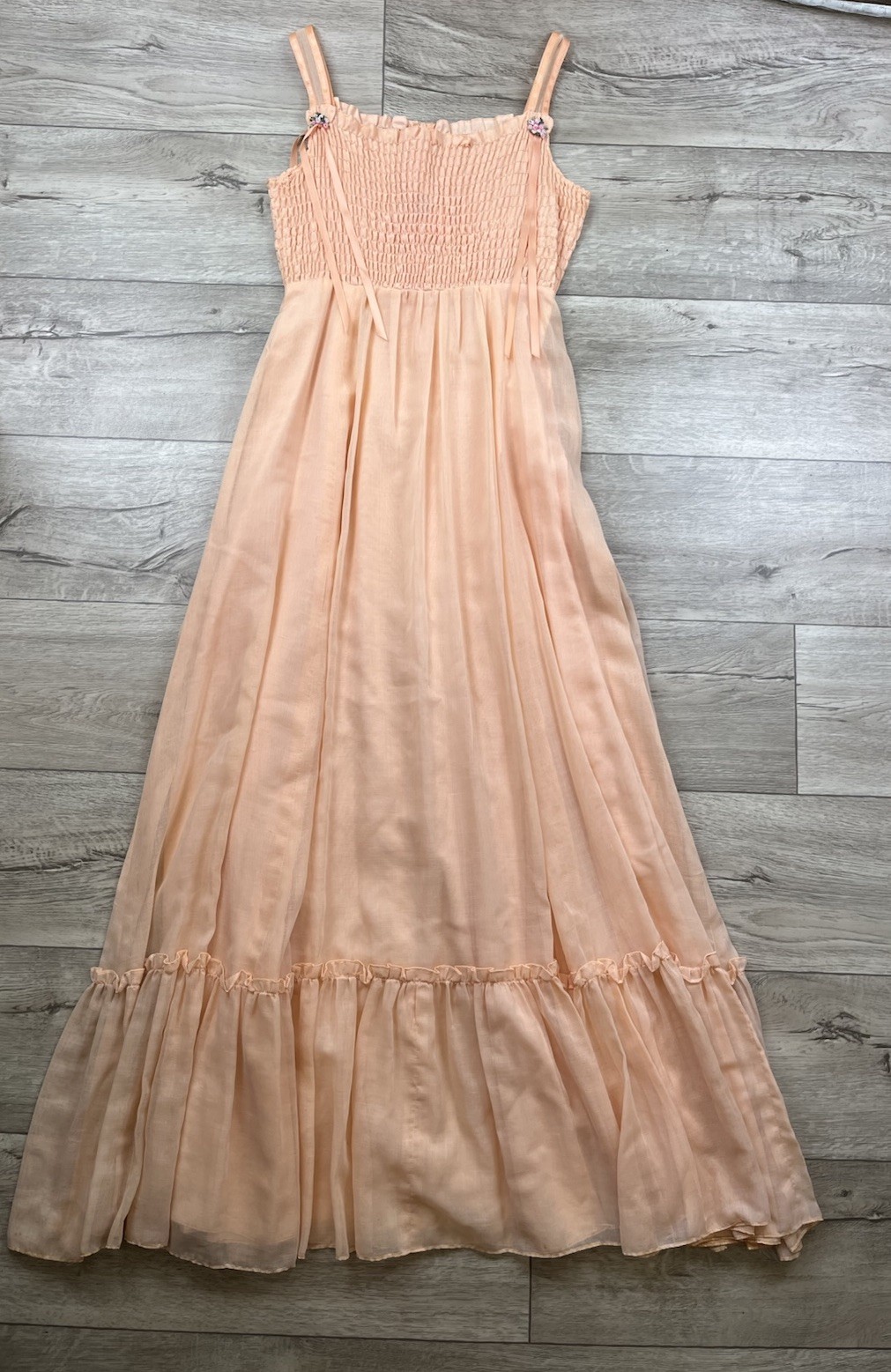 VTG Phase II Dress Sz XS/ S Pink Coral Smocked Floral Maxi Prairie Sundress 70&rsquo;s