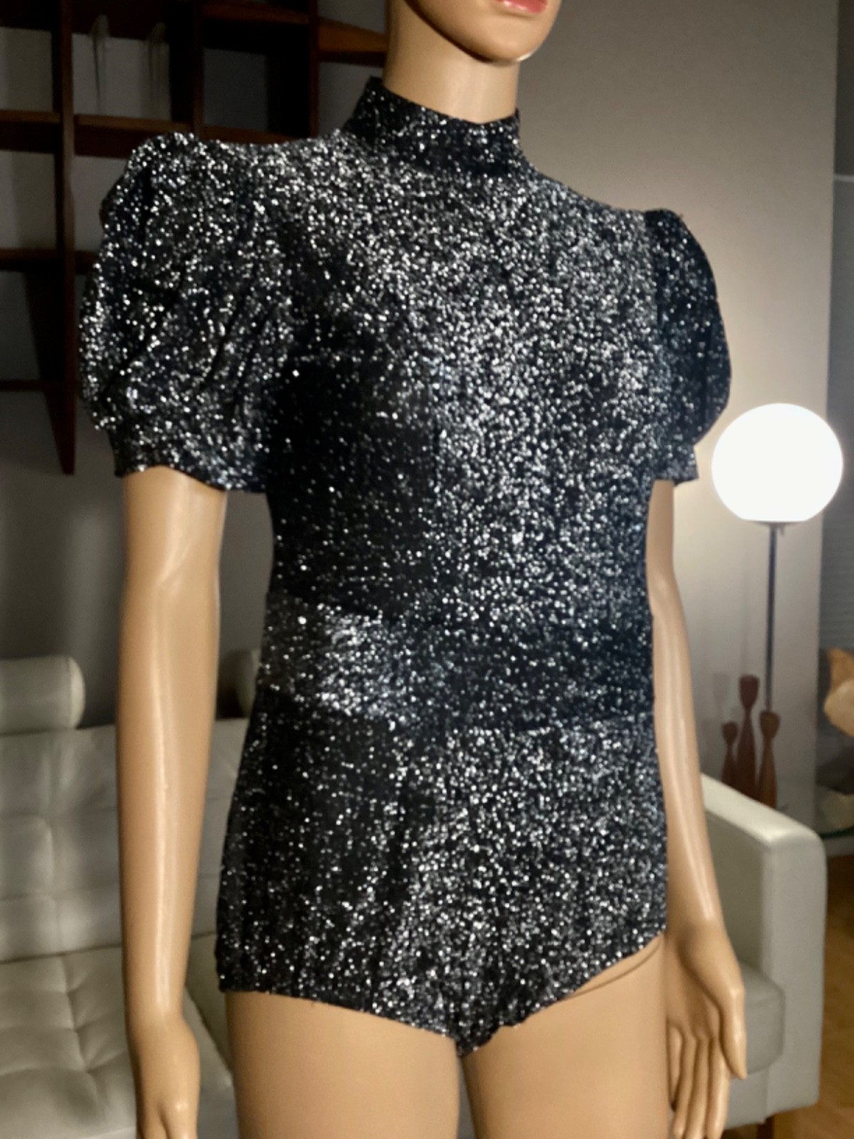 Vintage 70&rsquo;s 80s Silver Metallic Black Disco Body Body Suit Puff Sleeves