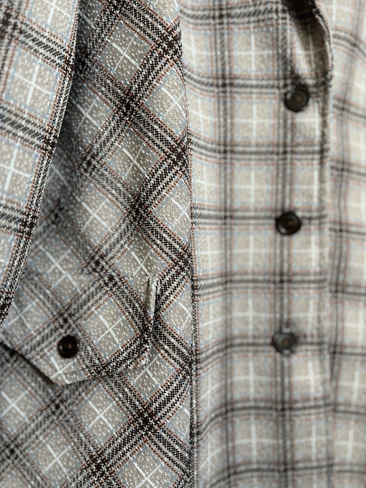 Vintage 70s Gray Plaid Checked Blazer Jacket Size L Faux Pockets Lightweight