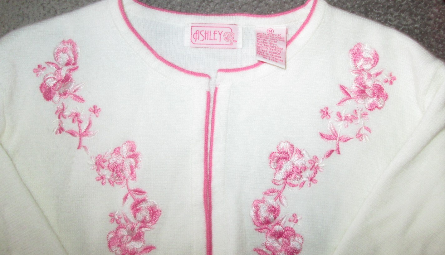 vintage embroidered Ashley sweater size medium white with pink flowers