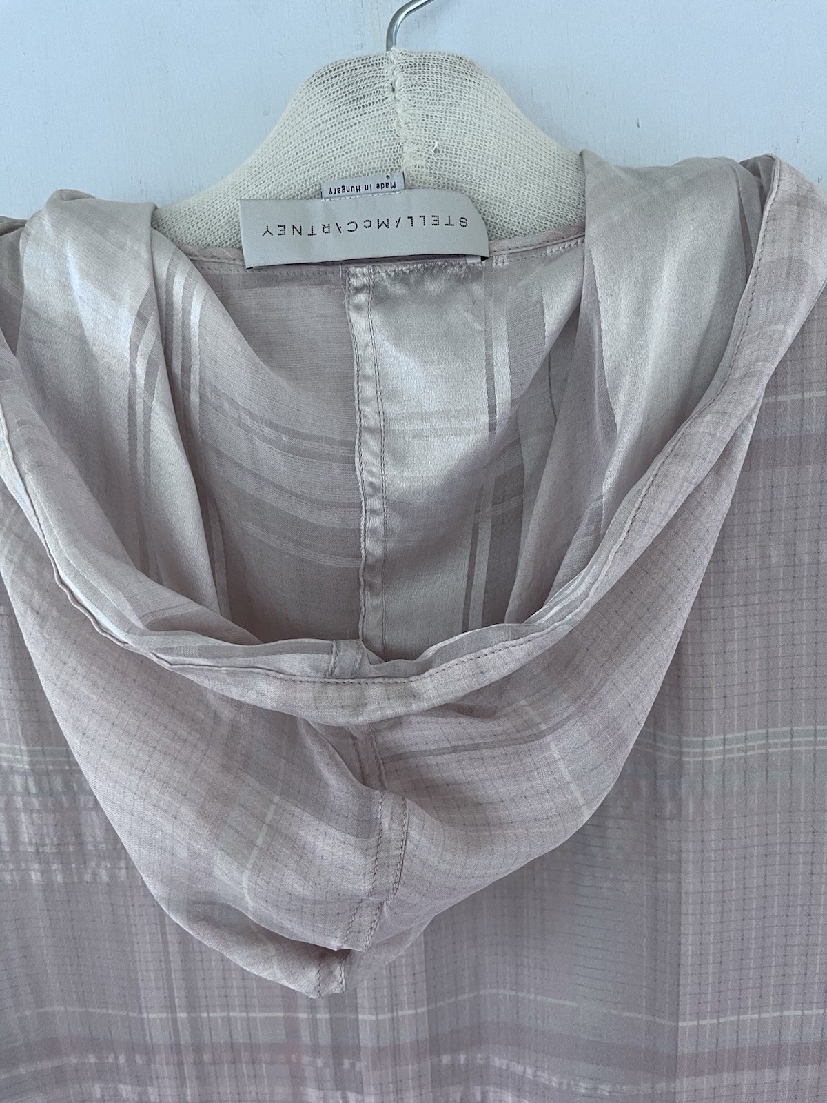 Stella McCartney Palest Pink Blue Plaid Silk Semi Sheer Drawstring Hoodie Sz 46