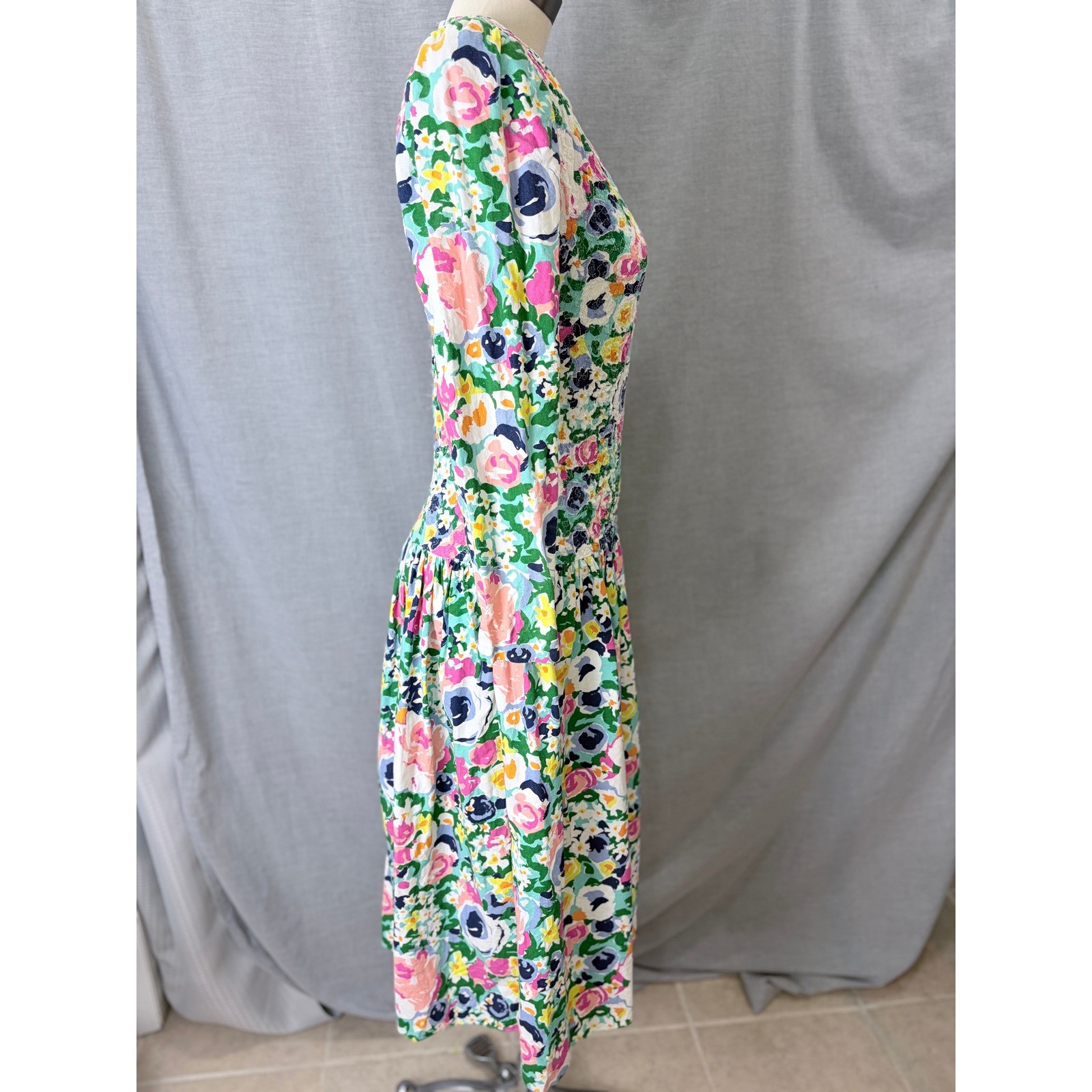 Antara Vintage 90s Floral Smocked Bodice Midi Dress Multi Color Cotton 5