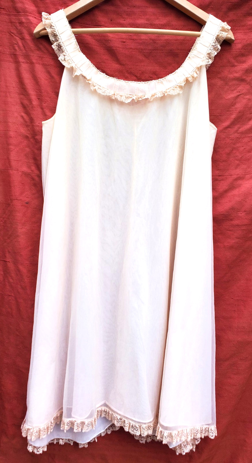 Vintage 60s Odette Barsa peach Double Nylon Gown Lace Ribbons Goddess Dress M