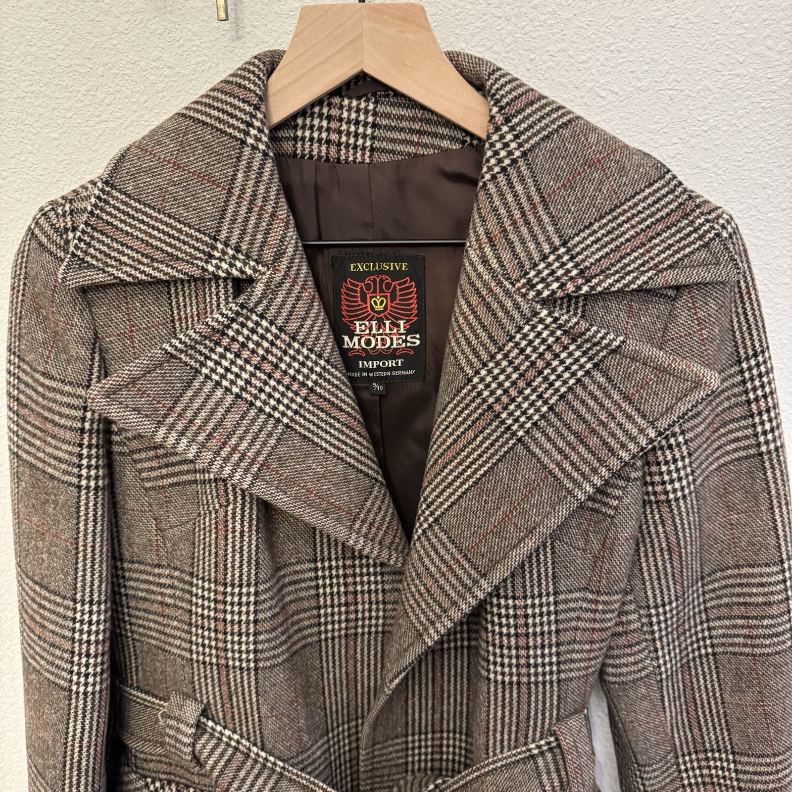 VTG Elli Modes Wool Belted Wrap Coat Women&rsquo;s 9/10 Glen Plaid Equestrian Germany