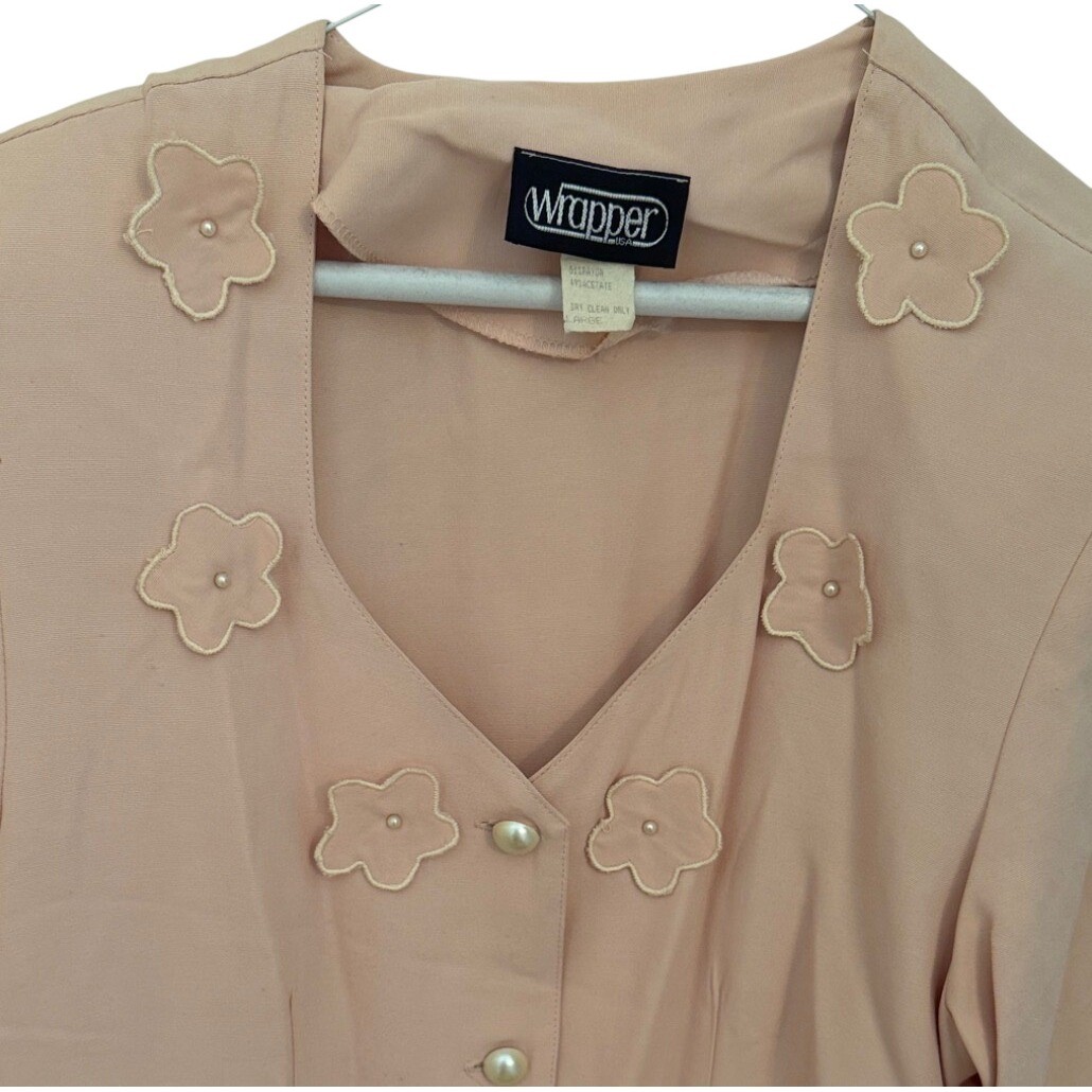 Vintage Wrapper USA Peach Floral Applique Pearl Button V-Neck Blouse or blazer L