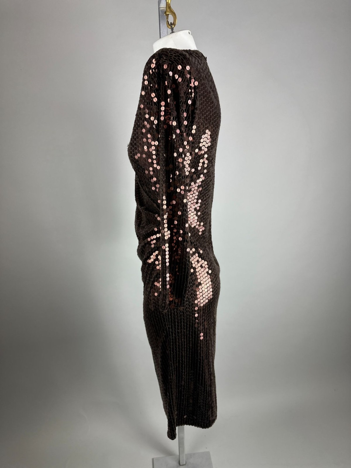 Vintage 80s Oleg Cassini Sequin Dress Brown Bronze Copper Long Sleeve Dynasty 8