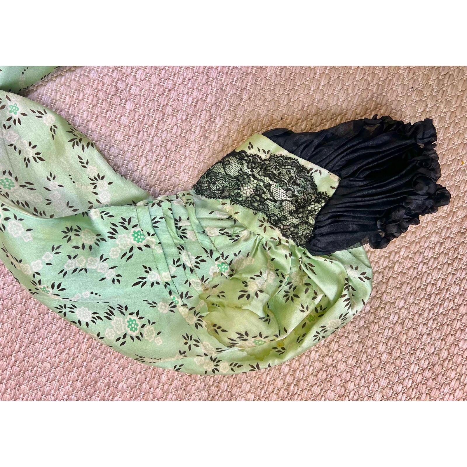 Antique Victorian Mint Green Printed Silk Two Piece Floral Skirt Set Black Lace