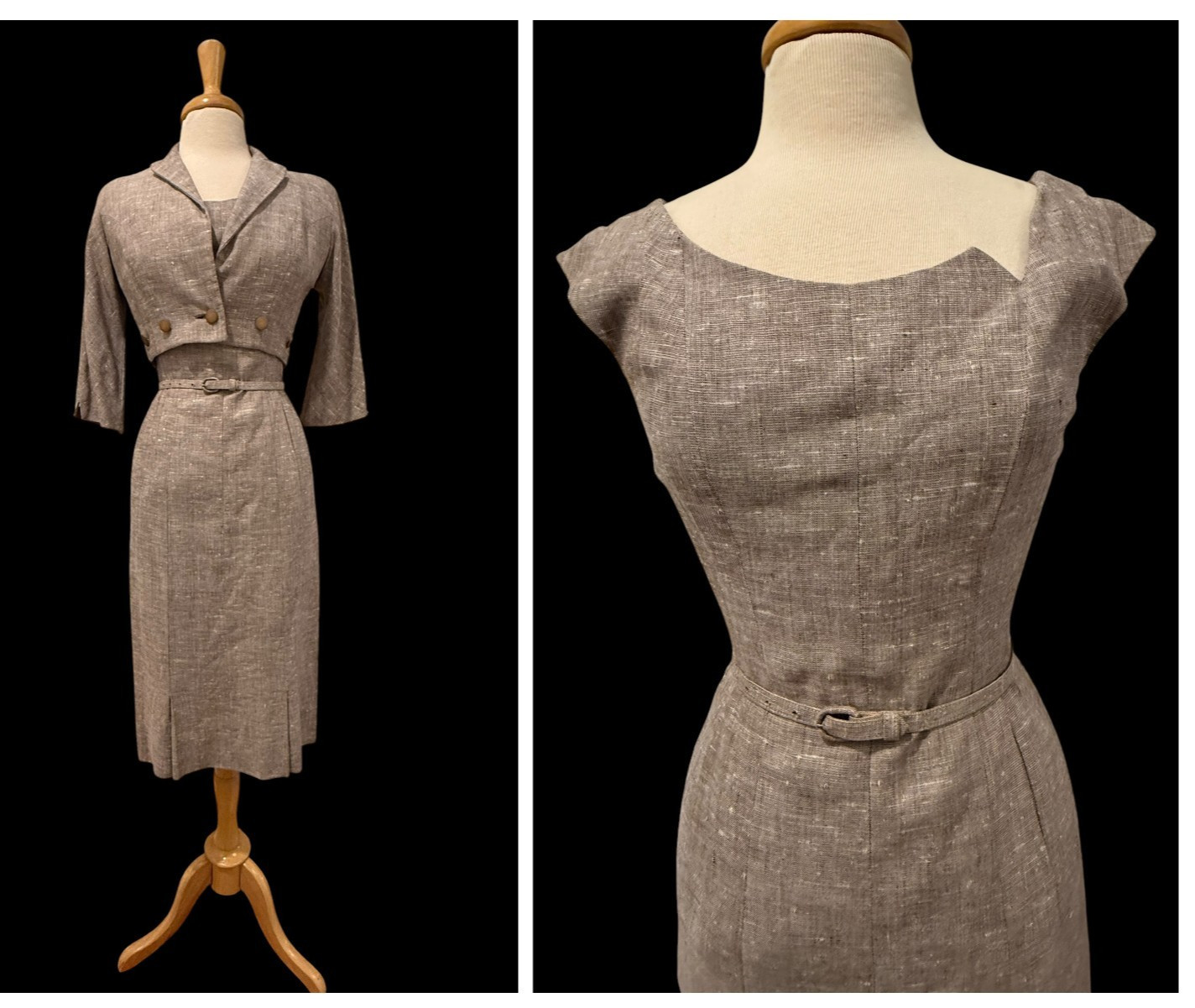 Vintage 1940s PinUp Montaldos Taupe Tweed Pencil Dress Bolero Jacket Suit Set