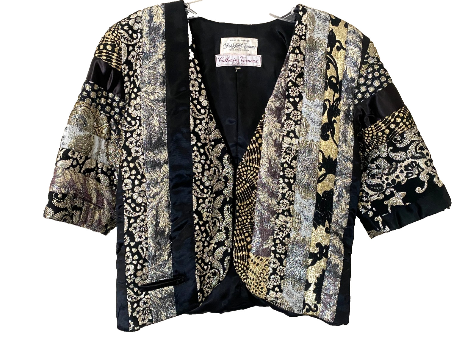 Vtg Catherine Vernoux Paris Saks Fifth Ave Black Satin Metallic Brocade Jacket