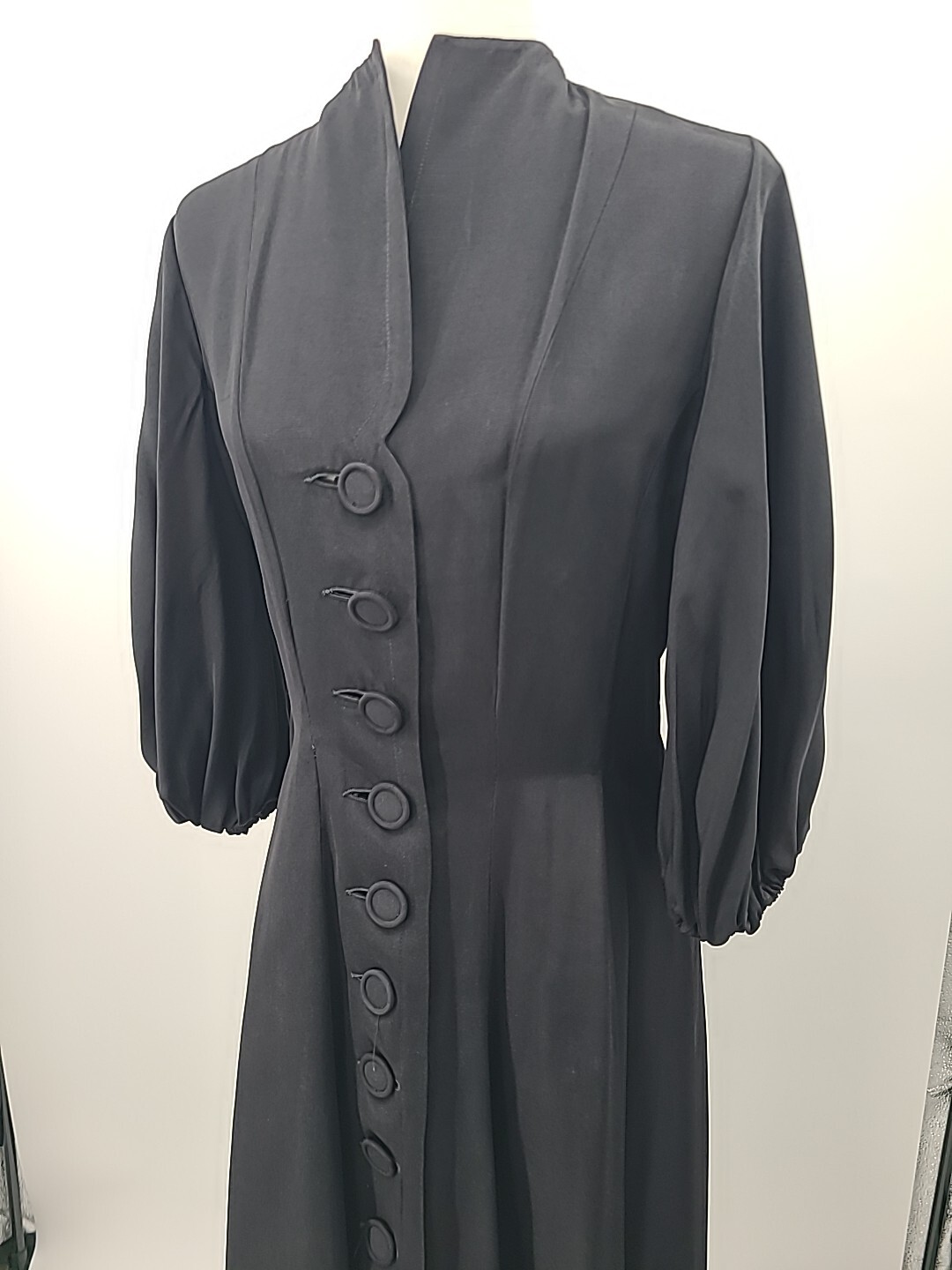 Rare VTG 1930s 40s Button Down Dress, Black With Bubble Sleeves & Full Skirt, LG