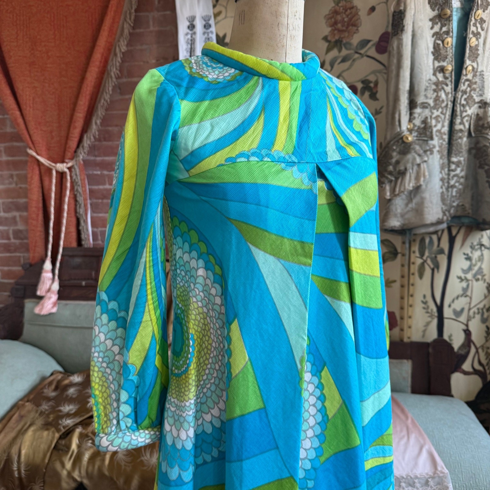 Vtg 60s 70s Psychedelic Mod Mini Dress Teal & Lime Mock Neck Trapeze Size XS