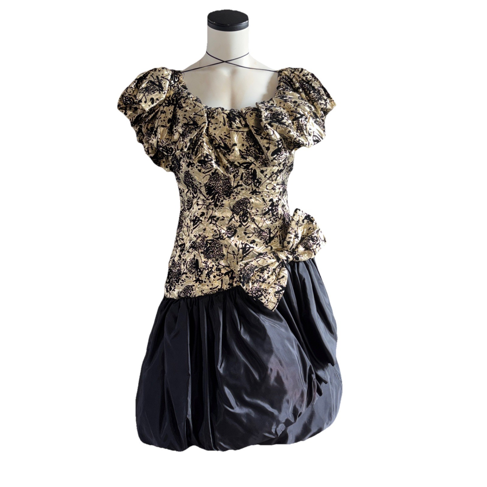 Vtg. 80s Nancy Bracoloni Black Velvet Textured Gold Metallic Dress Bubble Sz 12