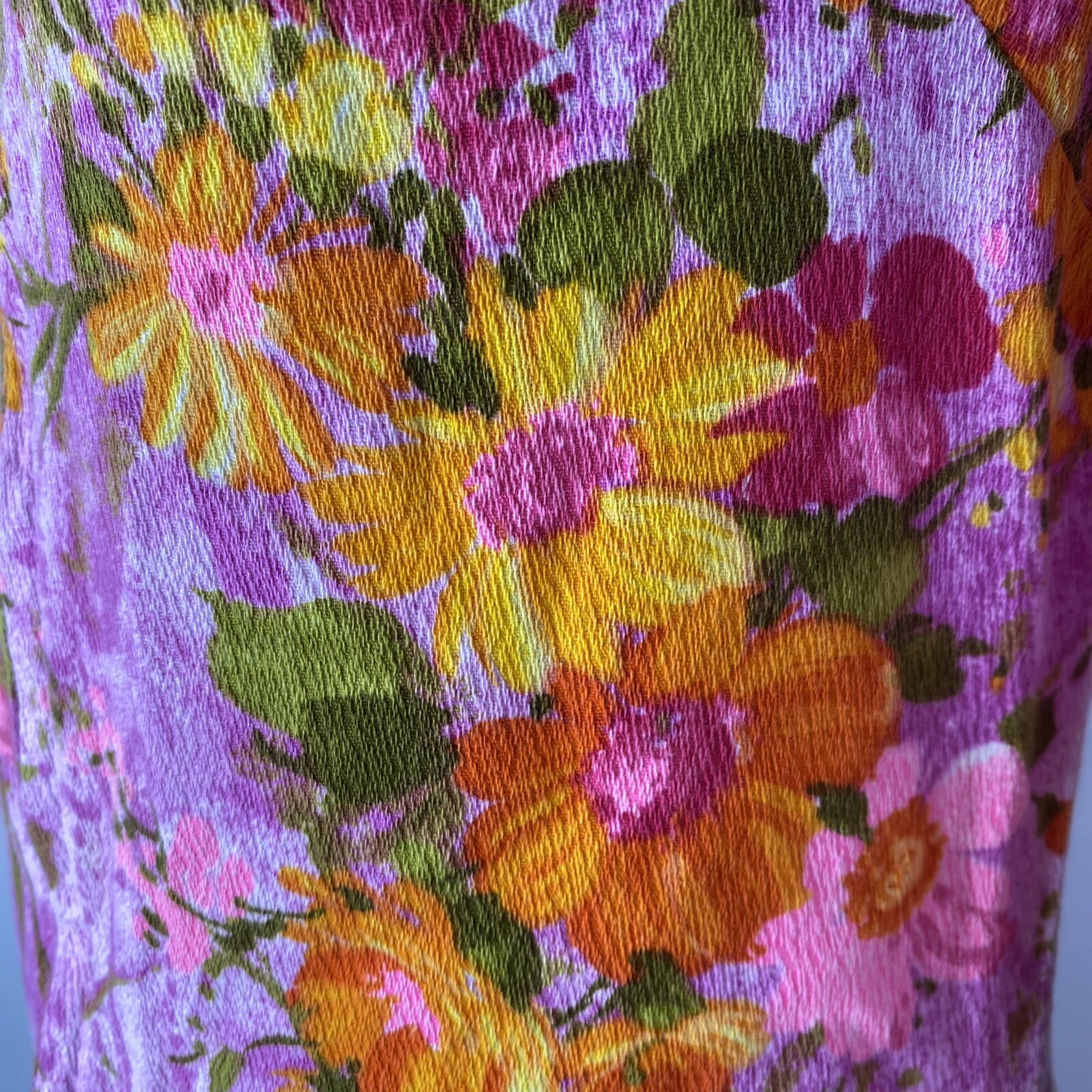 Vtg 60s 70s Midi Dress sz S Purple Floral 3/4 Sleeves Pockets Handmade Unbranded