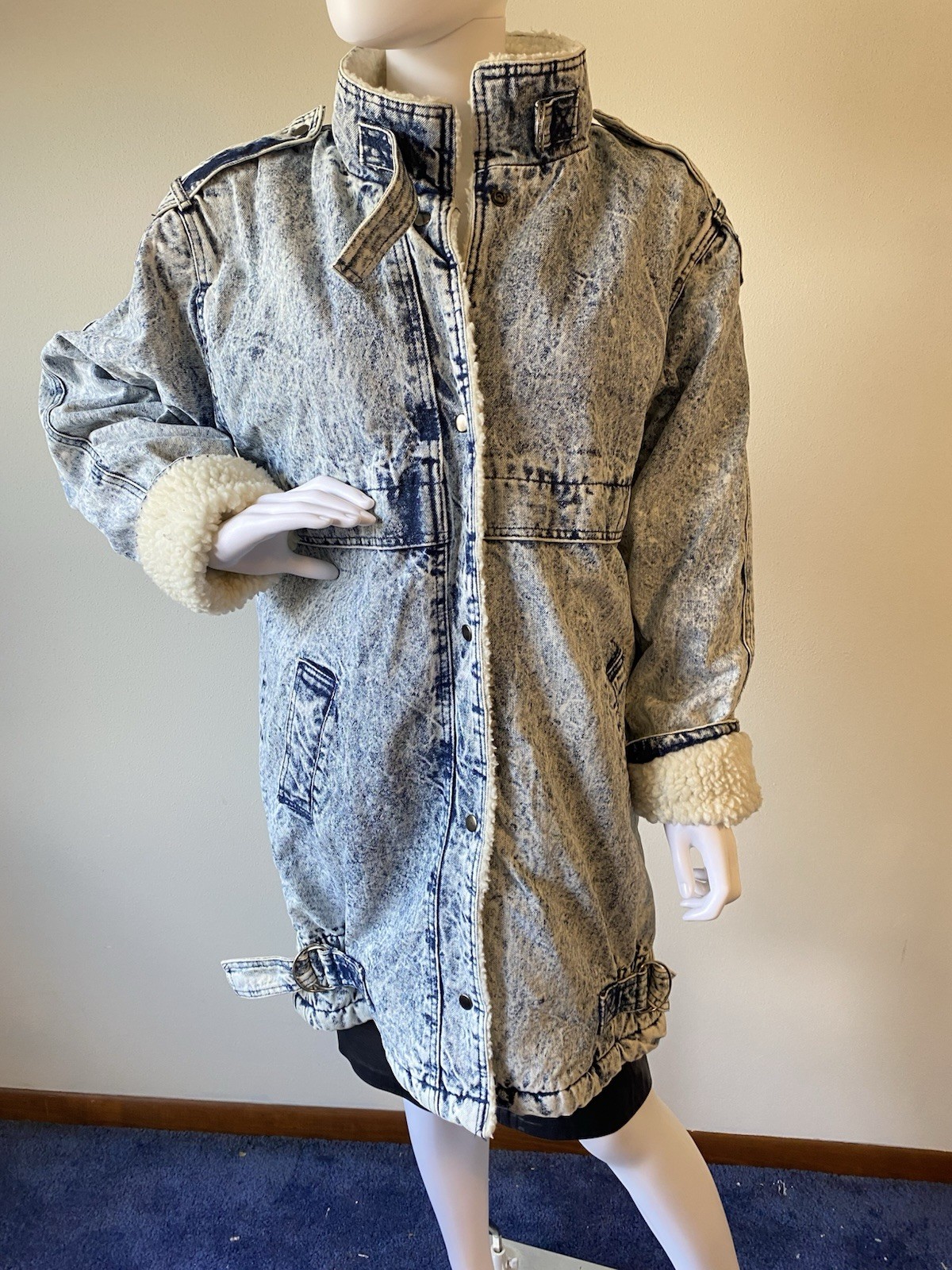 Vintage Acid washed Denim Fleece lined 3/4 Length Coat By Gallery C1980’s Sun