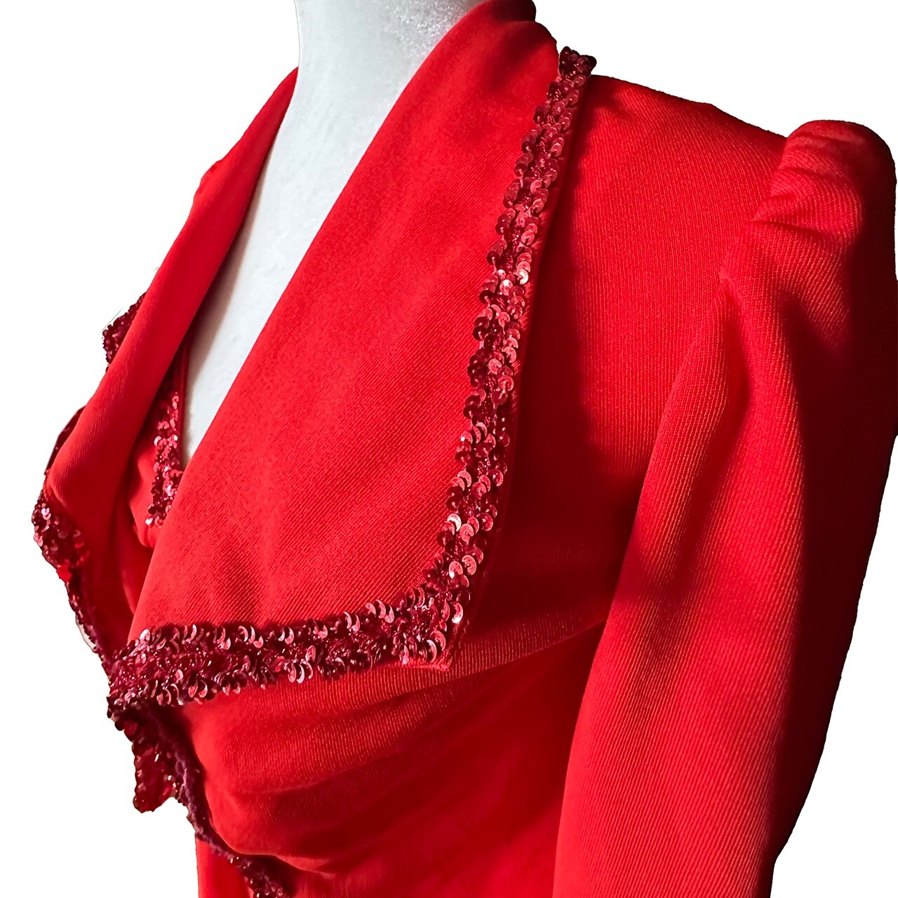 Vintage 1970s Red Max Sequini Evening Dress & Bolero Jacket Empire Waist Small