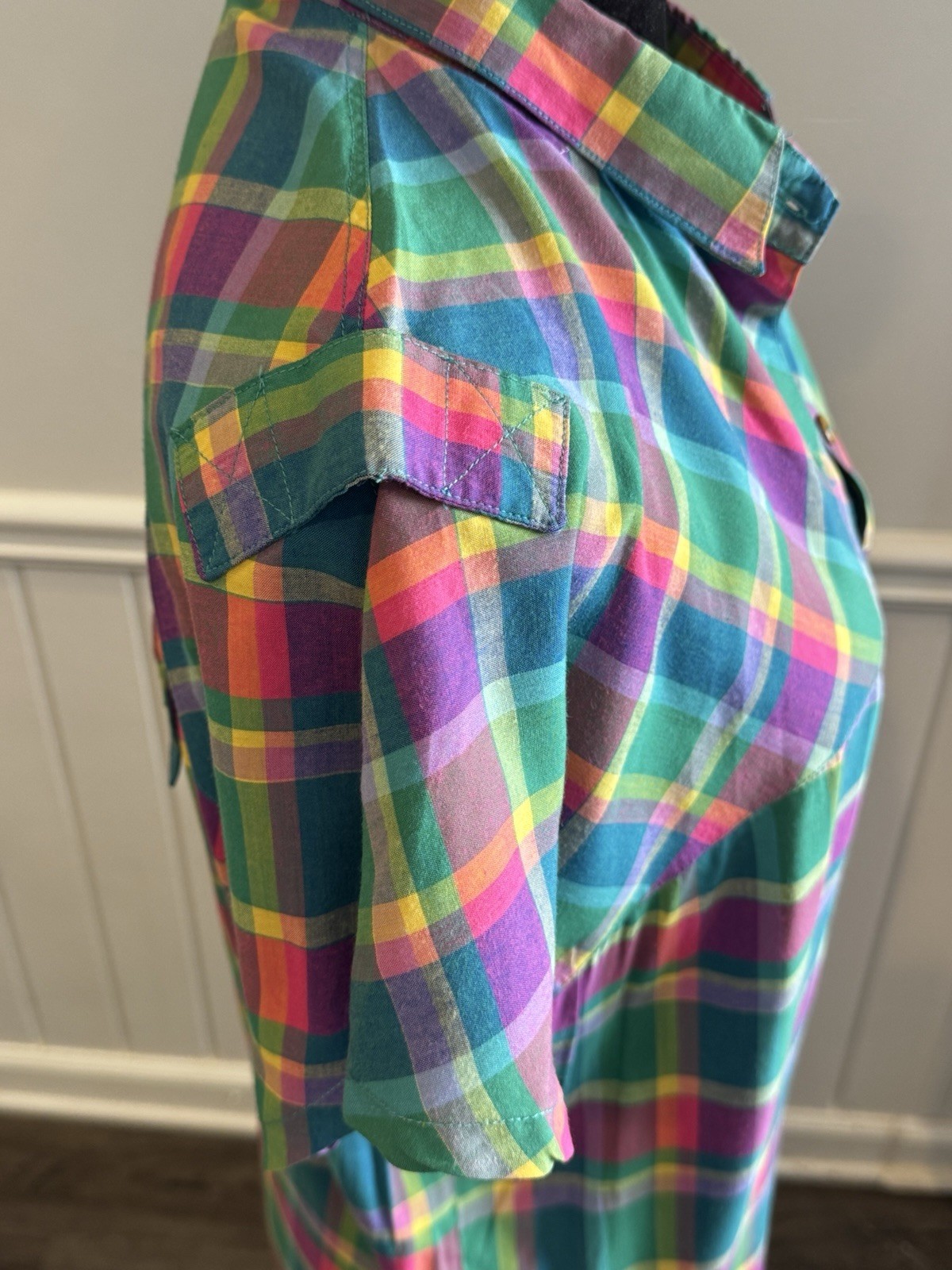 Vintage 80s Rainbow Plaid Button Down Camp Shirt Retro Dopamine Quirky Top