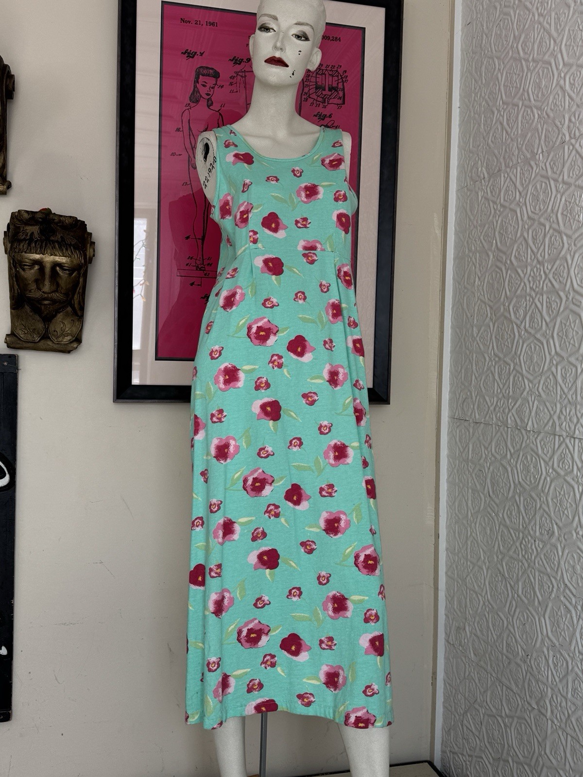 Vintage 1990s Dress Set-Knit-Floral-Spring-Cottage Green Pink-T Shirt-Tank-M