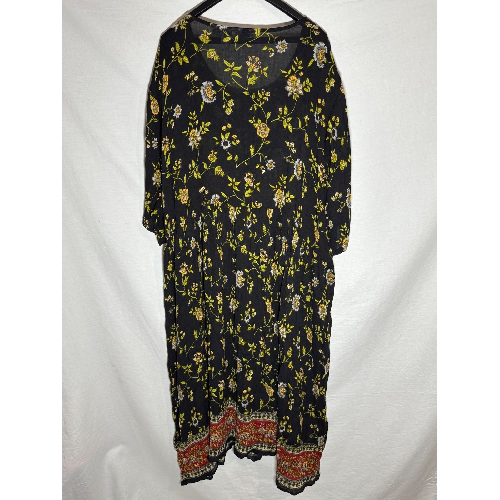 Just Class Vintage Floral Rayon Midi Dress Black Red Plus Size 32W Boho 90s