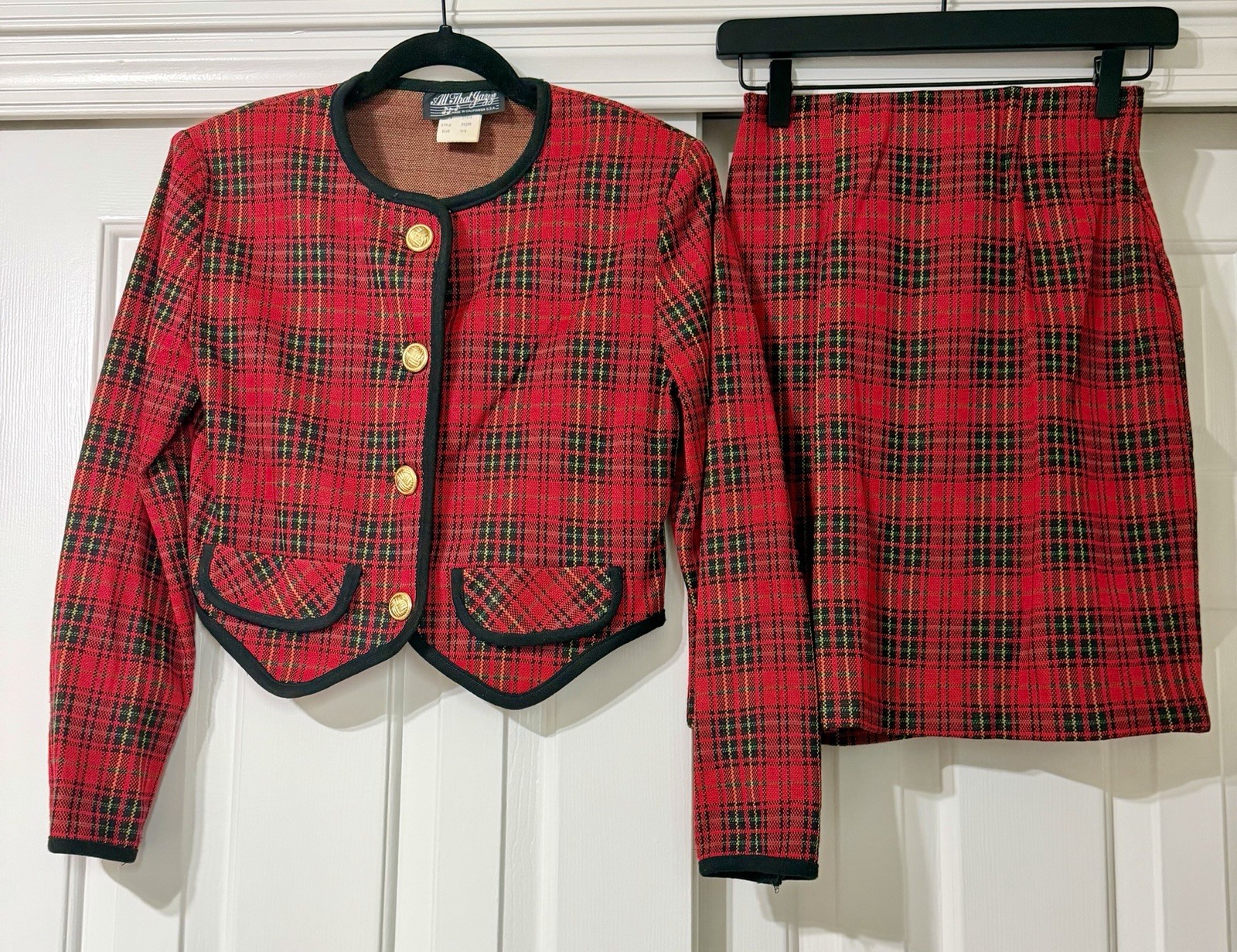 Vintage 1980s/1990s Women’s Red Plaid 2 Piece Jacket & Skirt Set