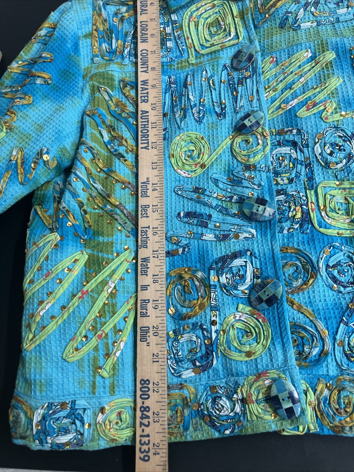Vintage 90s Turquois Jacket Patchwork Bedazzle Retro CARRIE ALLEN Size Small