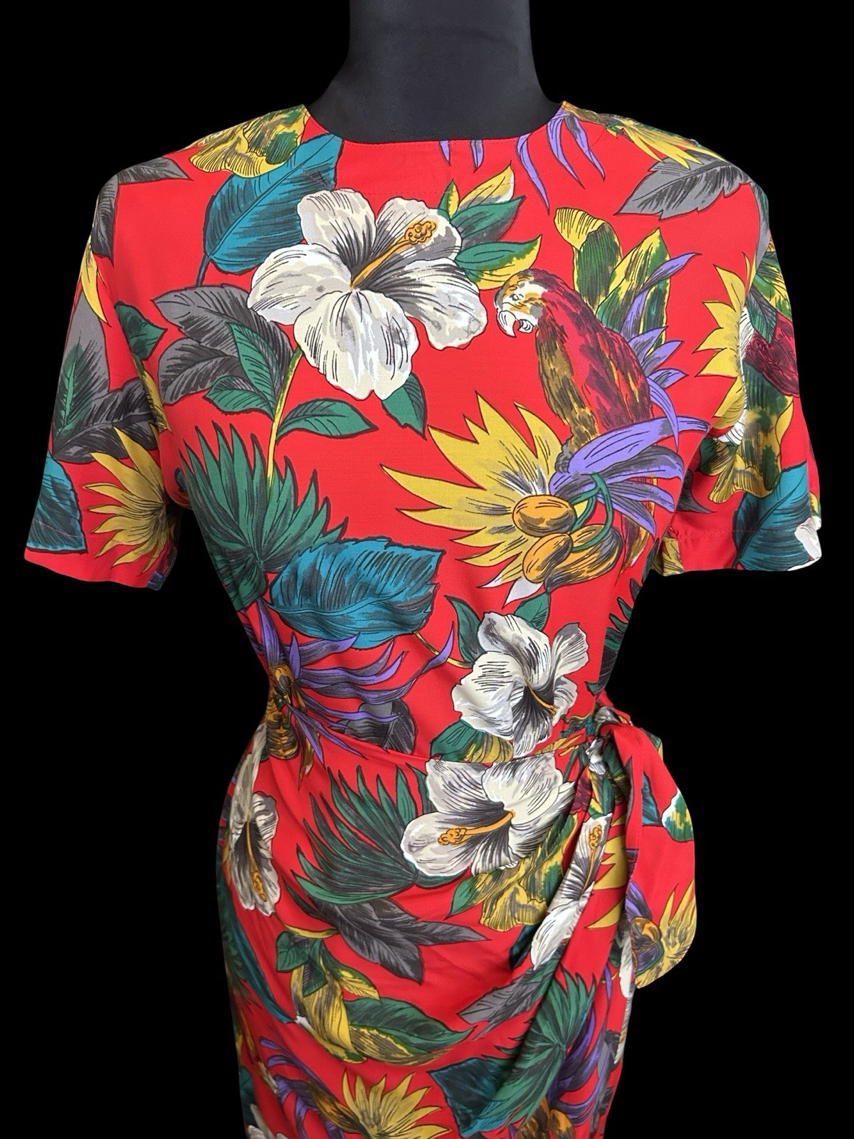 Vintage 1980s 80s Hawaiian Floral Parrot Print Rayon Dress Carol Anderson XL