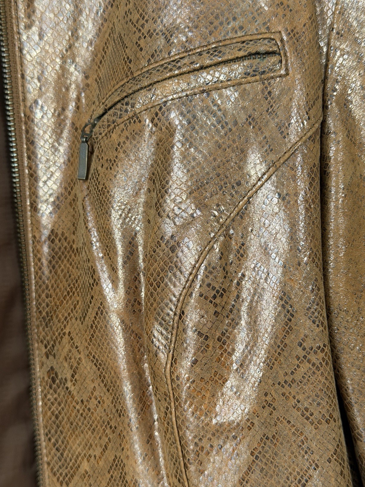 Vakko Printed Leather Jacket Bronze Snake Embossed Moto Y2K Size 8