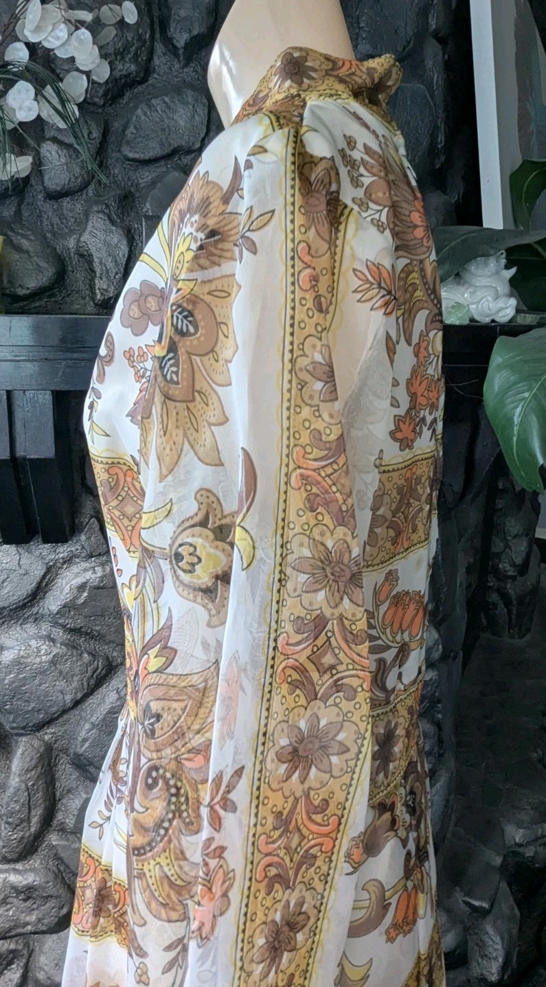 Avalon Classics VTG 1970&rsquo;s Hostess Dress Maxi Empire Waist Sheer Floral Sz 12/14