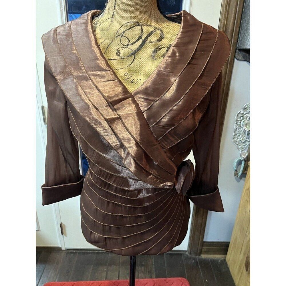 90s cachet copper brown silky, crop crossover jacket/blouse, rare, vintage Sz 6
