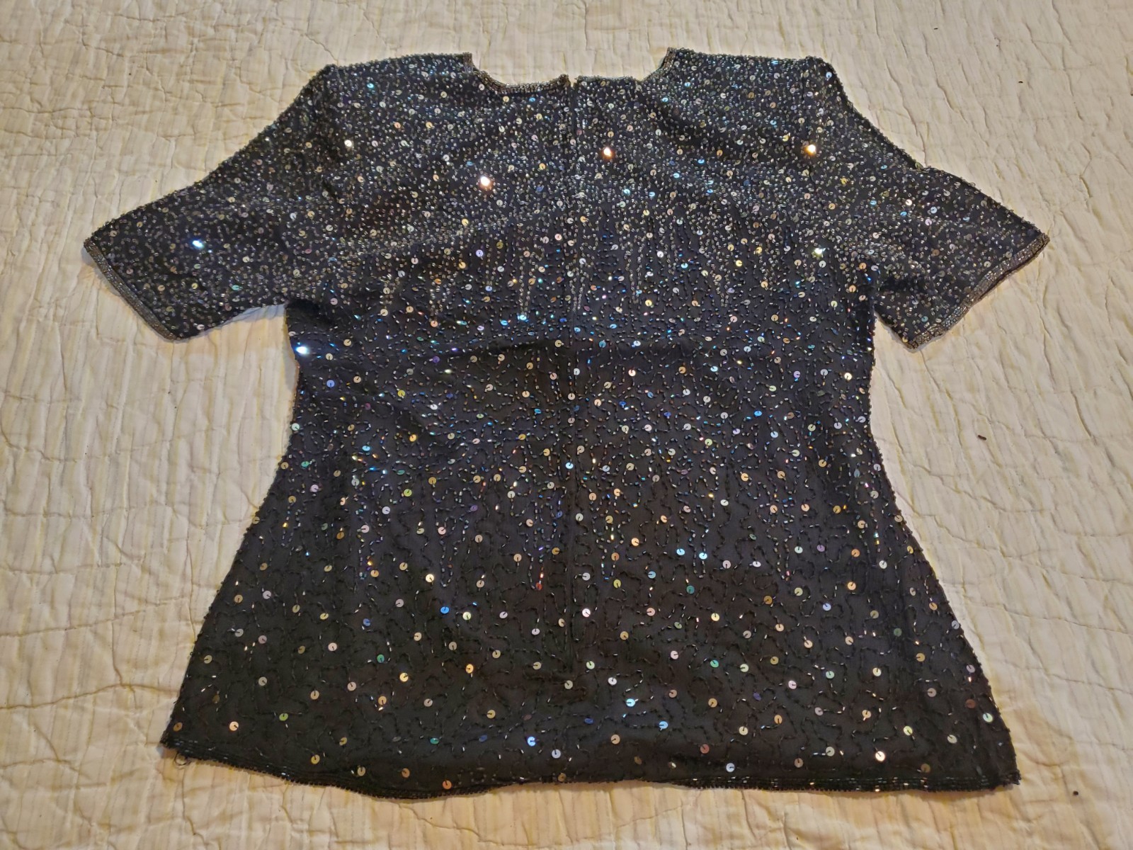 Stenay Top Sz M Black Silver Silk Beaded Sequin Lined Shirt Special Party Blouse