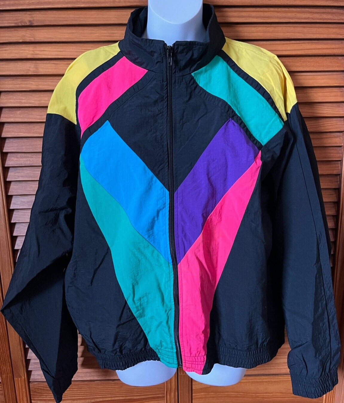 vtg 80s 90s Michele Palmer womens L nylon track jacket windbreaker black neon