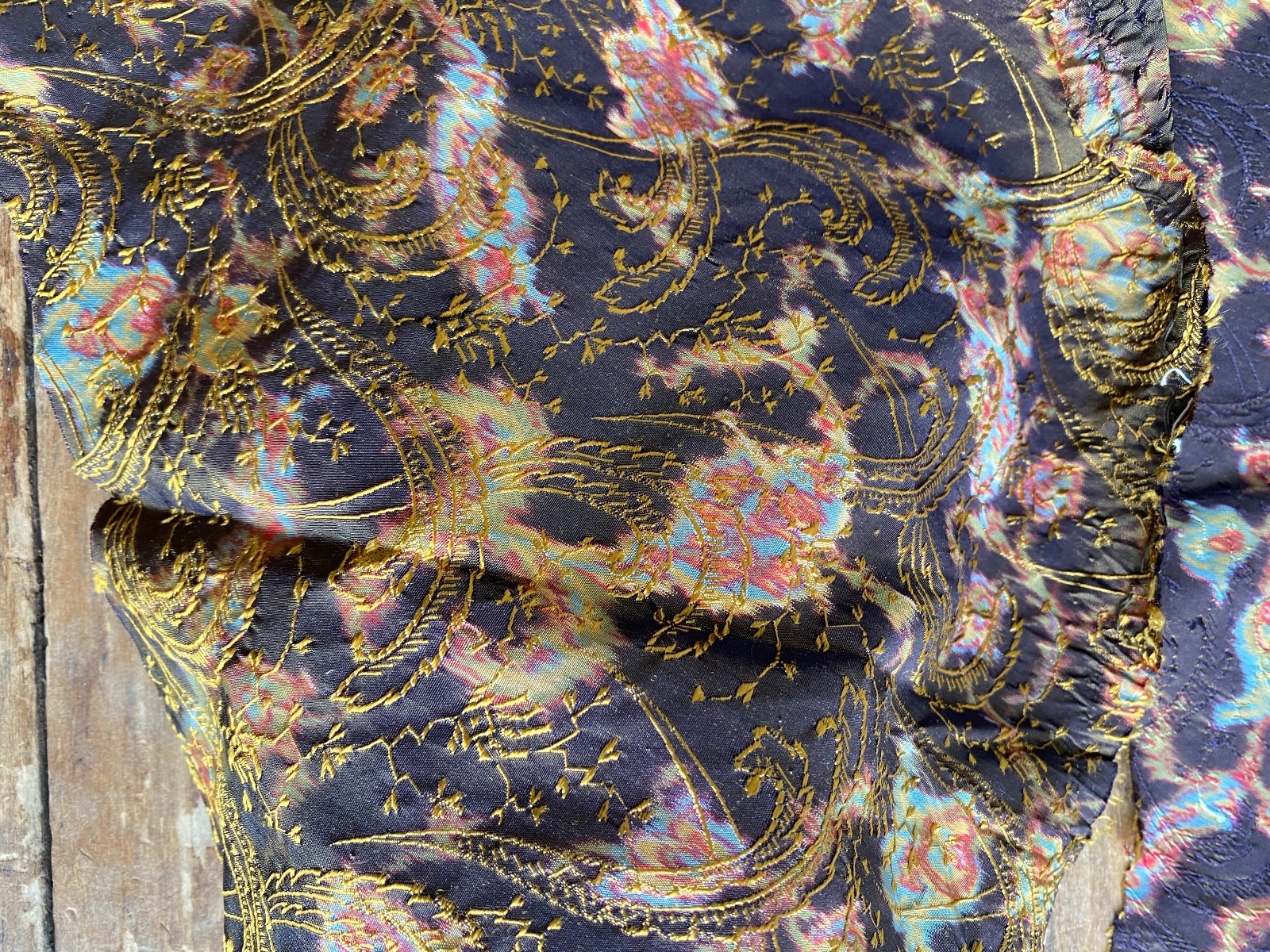 1890s Silk Jacquard Bodice Watercolor Print Puff Sleeves Antique Victorian XS