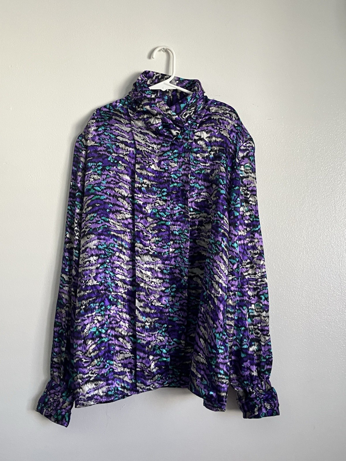 Vintage 80&rsquo;s Tess Turquoise & Purple Abstract Mock Neck Blouse Size 8