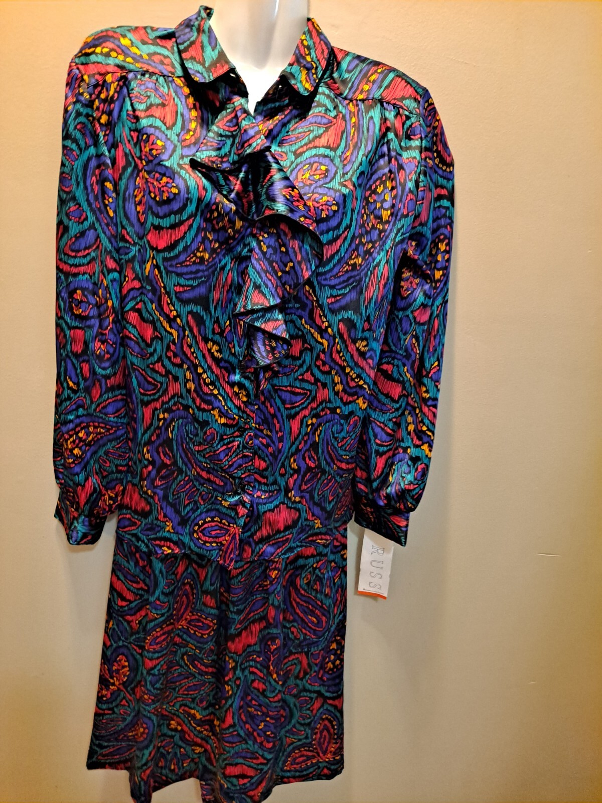 Vintage 80&rsquo;s/90&rsquo;s Russ 2 Piece Skirt Blouse Set Satin Floral Size 14 New