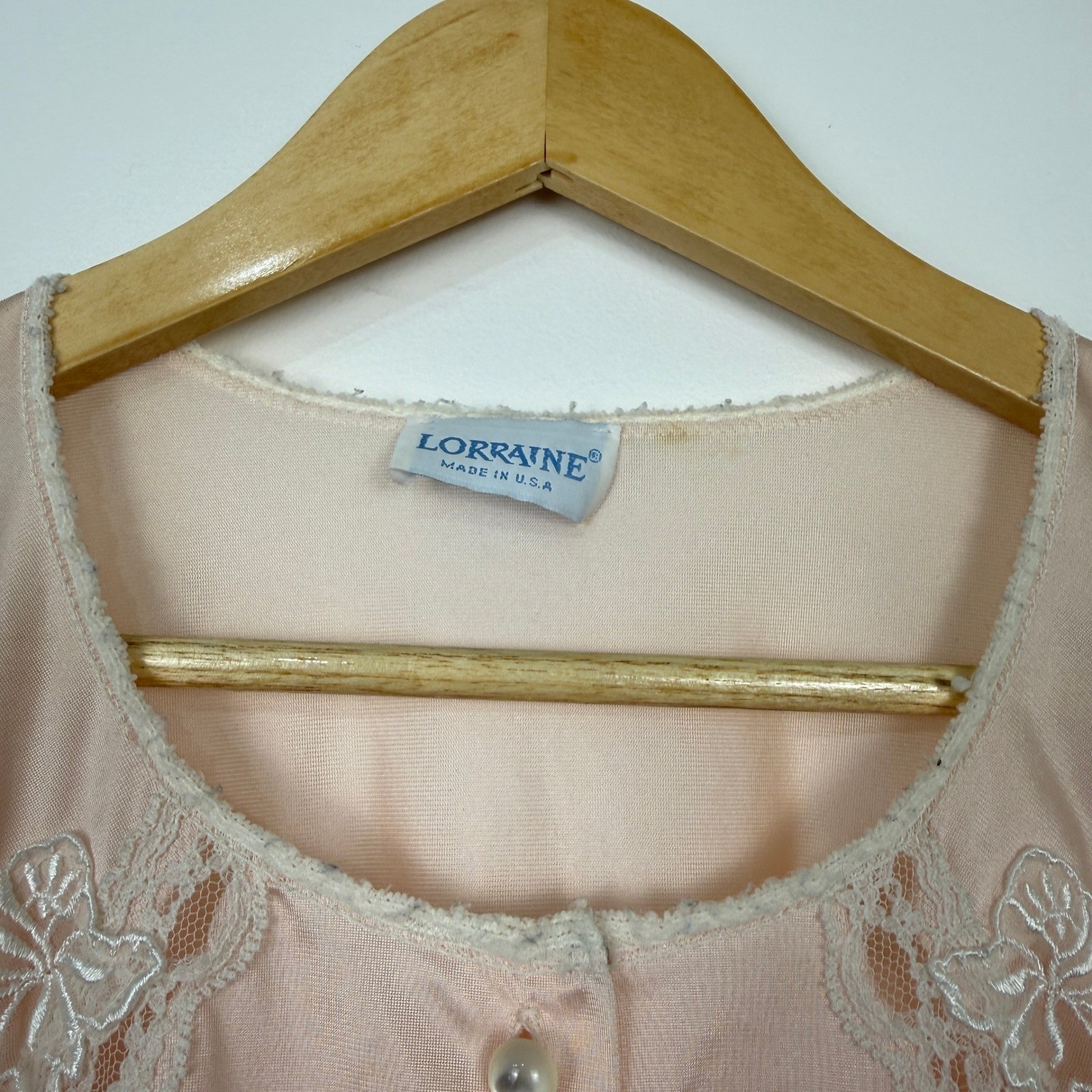Vintage 70s 80s Lorraine Button Front Housecoat Robe Nightgown Large Peach Nylon
