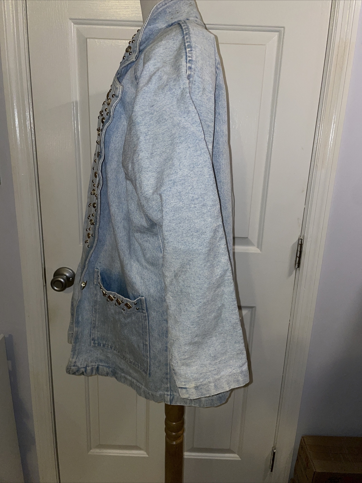 VTG RIO Light Blue Cotton Studded Western Button Denim Jacket Womens Sz S