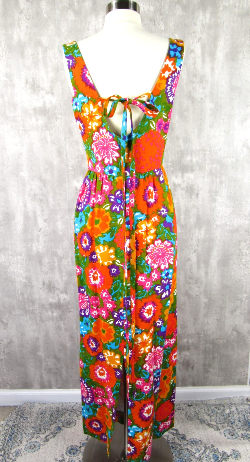 Vintage 60s 70s Hawaiian Floral Formal Maxi Gown Dress MINT Orange Green Small