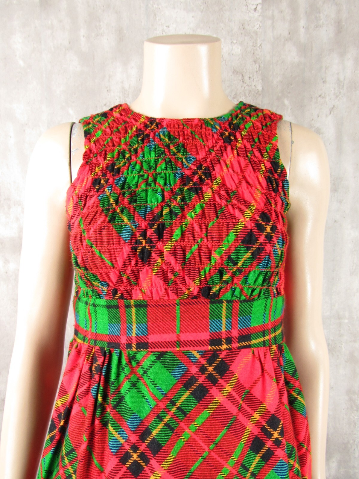 Vintage I. Magnin 60s 70s Red Plaid Empire Smocked Maxi Dress XS/S Jrs 5