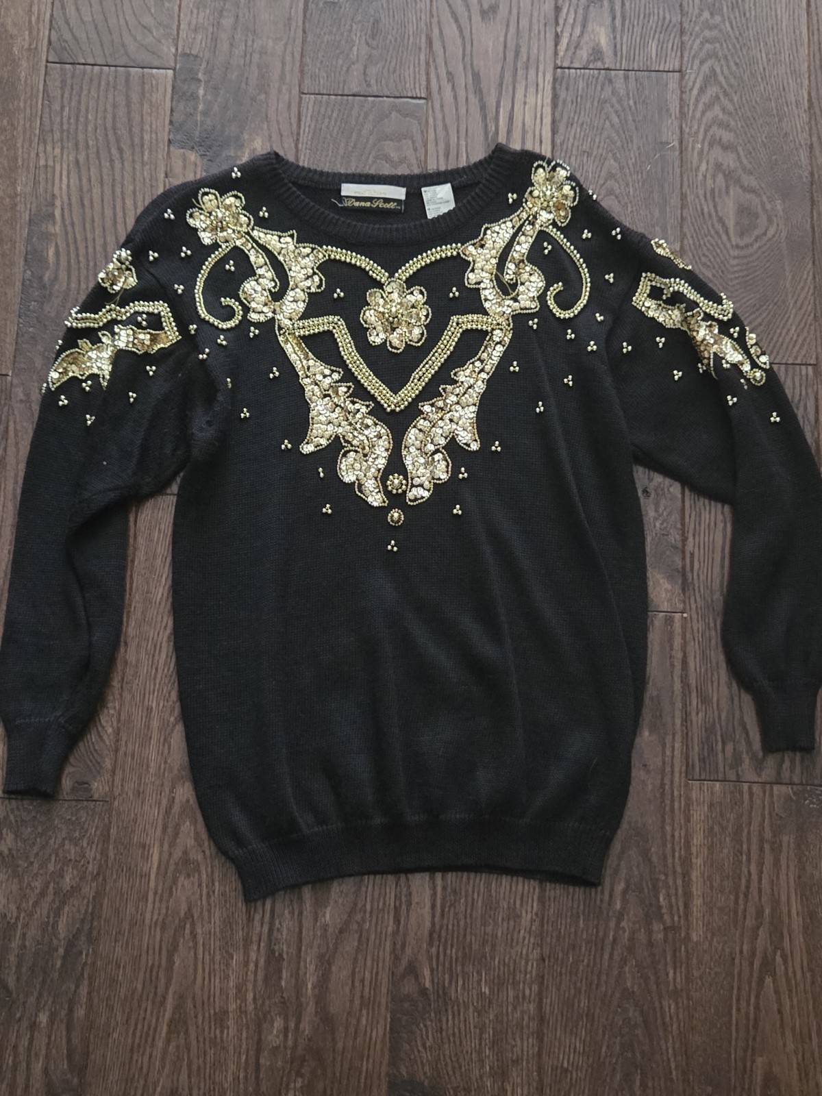 🍾Vintage Dana Scott Black Gold Sequin Beaded Sweater Medium Ramie Glam Holiday