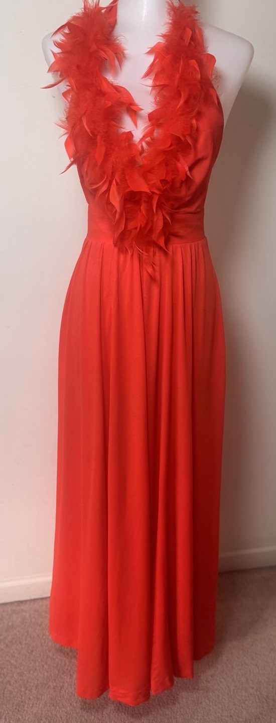 VTG Climax by David Howard Feather Neck Halter Dress Womens Size 5/6 Coral