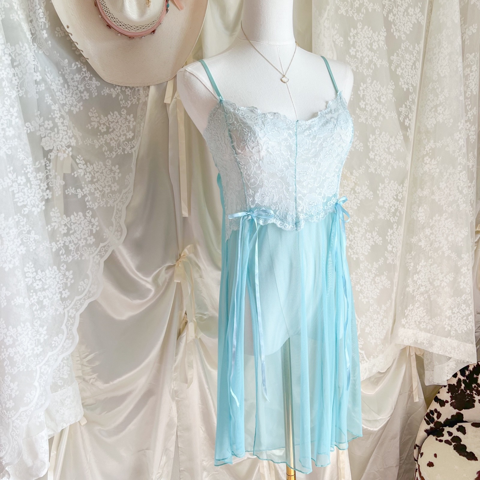 Powder Blue Lace Babydoll Slip Dress with Chiffon Skirt